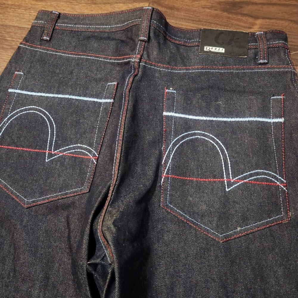 Vintage Qruel Jeans men's 36x32 Blue Dark Raw Red Stitching Baggy y2k - Picture 9 of 14
